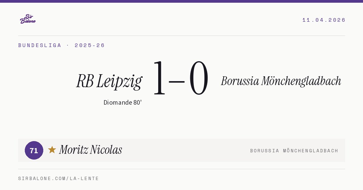 RB Leipzig 1–0 Borussia Mönchengladbach, Bundesliga 2025-26. Player of the match: Moritz Nicolas, 71