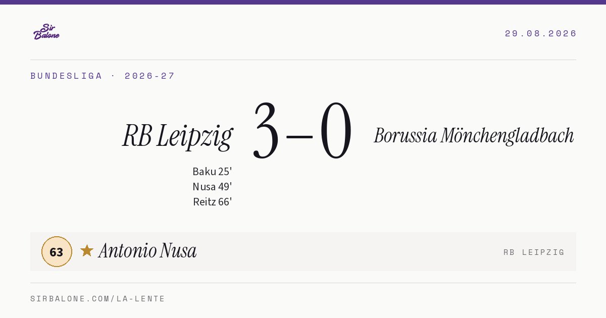 RB Leipzig 3–0 Borussia Mönchengladbach, Bundesliga 2026-27. Figura: Antonio Nusa, 63