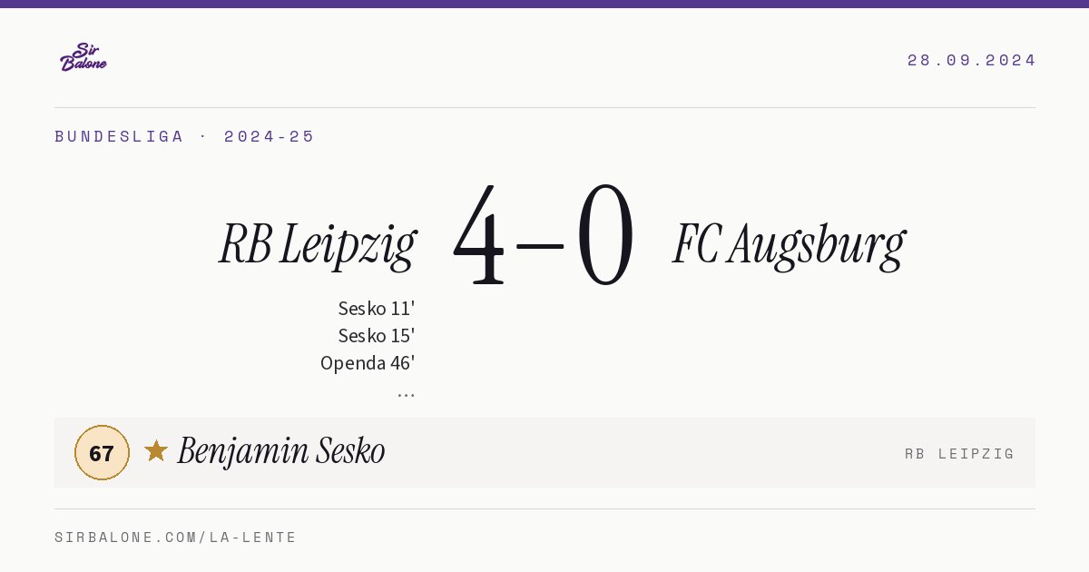 RB Leipzig 4–0 FC Augsburg, Bundesliga 2024-25. Figura: Benjamin Sesko, 67