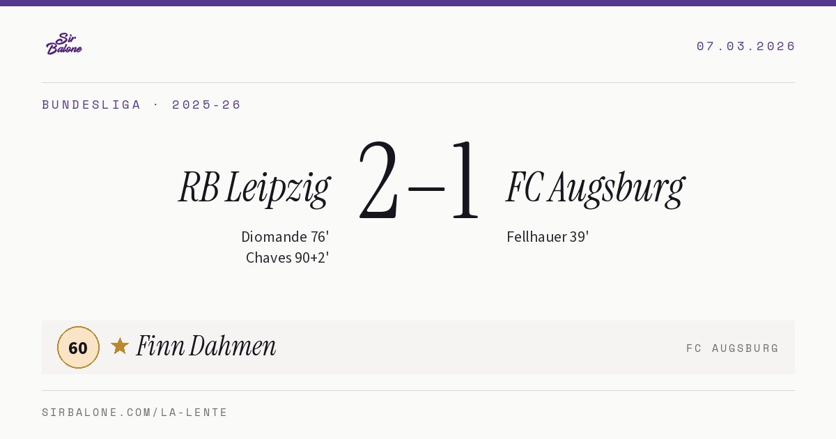 RB Leipzig 2–1 FC Augsburg, Bundesliga 2025-26. Figura: Finn Dahmen, 60