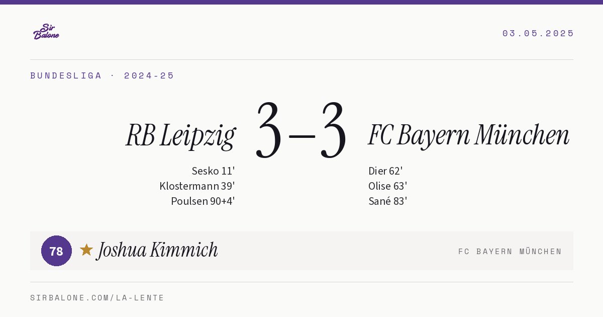 RB Leipzig 3–3 FC Bayern München, Bundesliga 2024-25. Figura: Joshua Kimmich, 78