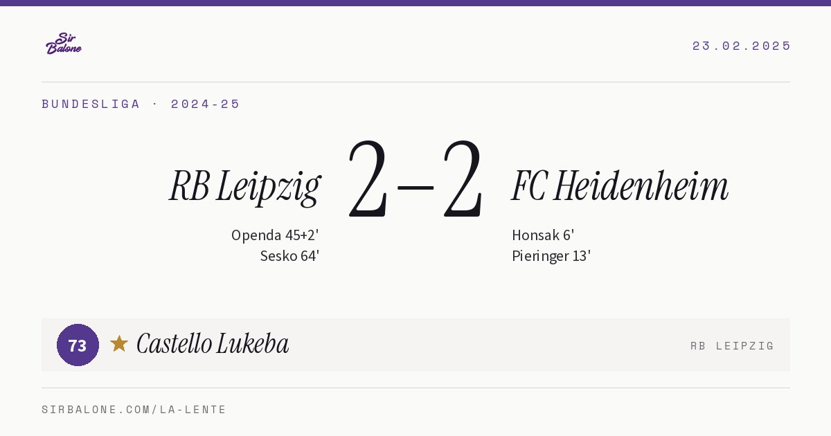 RB Leipzig 2–2 FC Heidenheim, Bundesliga 2024-25. Figura: Castello Lukeba, 73