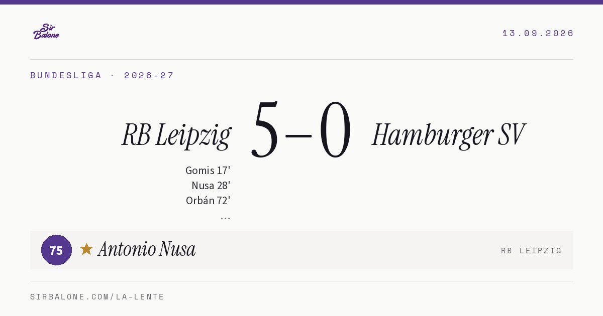 RB Leipzig 5–0 Hamburger SV, Bundesliga 2026-27. Figura: Antonio Nusa, 75