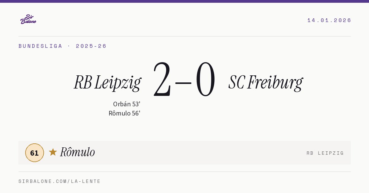RB Leipzig 2–0 SC Freiburg, Bundesliga 2025-26. Figura: Rômulo, 61
