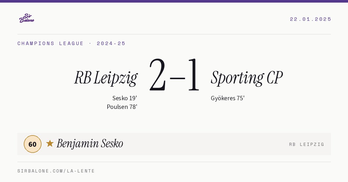 RB Leipzig 2–1 Sporting CP, Champions League 2024-25. Figura: Benjamin Sesko, 60