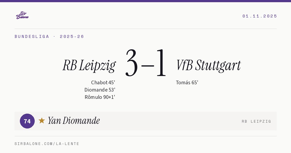 RB Leipzig 3–1 VfB Stuttgart, Bundesliga 2025-26. Player of the match: Yan Diomande, 74
