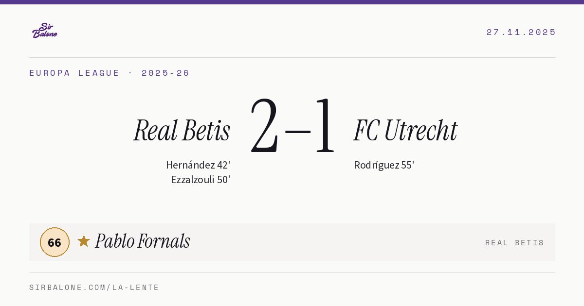 Real Betis 2–1 FC Utrecht, Europa League 2025-26. Figura: Pablo Fornals, 66