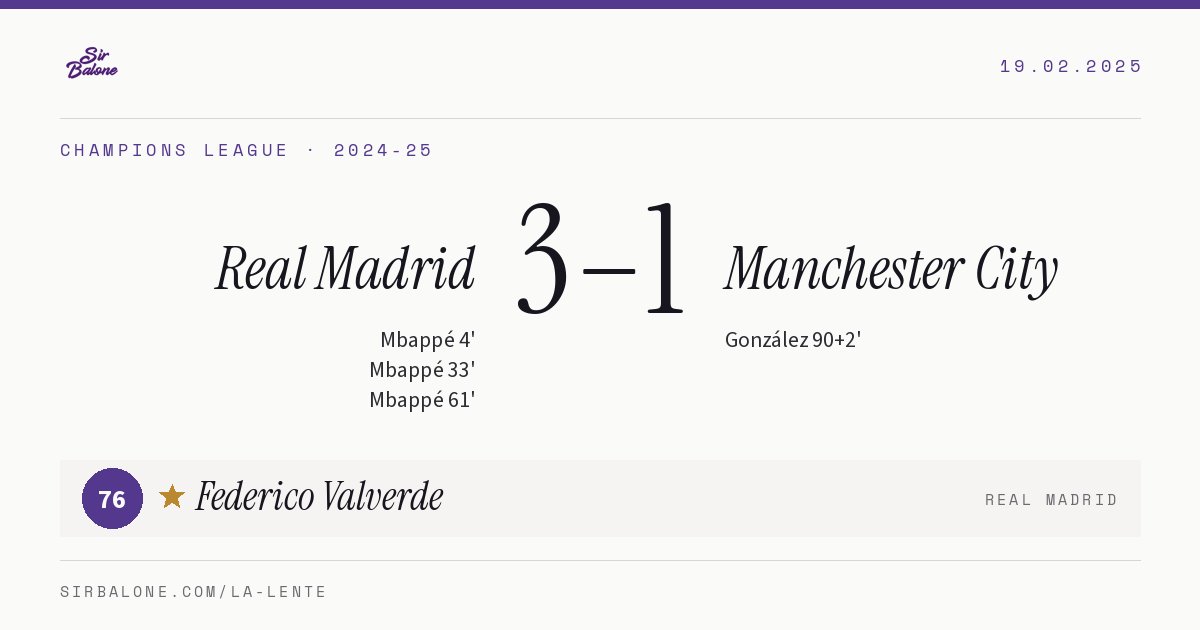 Real Madrid 3–1 Manchester City, Champions League 2024-25. Figura: Federico Valverde, 76