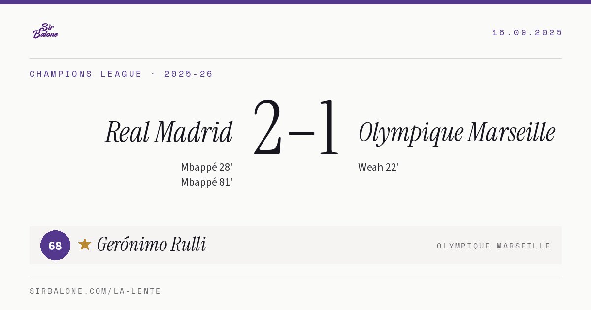 Real Madrid 2–1 Olympique Marseille, Champions League 2025-26. Figura: Gerónimo Rulli, 68