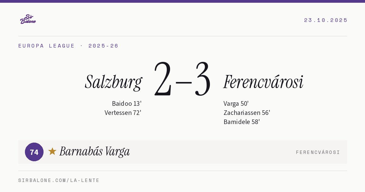 Salzburg 2–3 Ferencvárosi, Europa League 2025-26. Figura: Barnabás Varga, 74