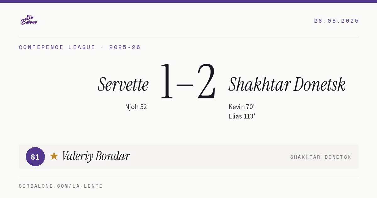 Servette 1–2 Shakhtar Donetsk, Conference League 2025-26. Player of the match: Valeriy Bondar, 81