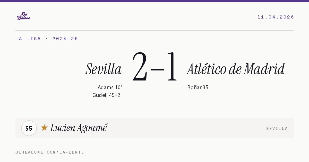 Sevilla 2–1 Atlético de Madrid, La Liga 2025-26. Player of the match: Lucien Agoumé, 55