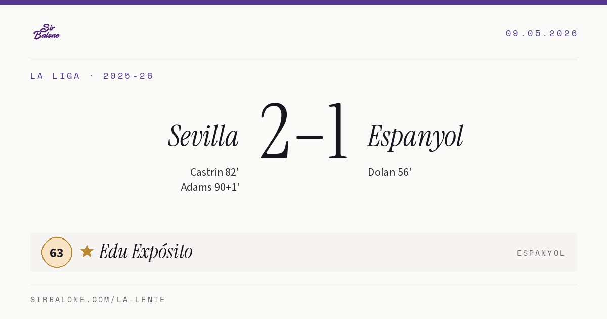 Sevilla 2–1 Espanyol, La Liga 2025-26. Figura: Edu Expósito, 63