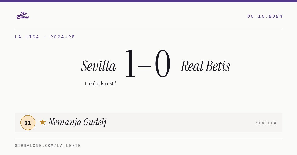 Sevilla 1–0 Real Betis, La Liga 2024-25. Figura: Nemanja Gudelj, 61