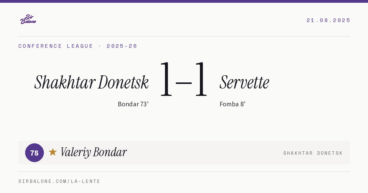 Shakhtar Donetsk 1–1 Servette, Conference League 2025-26. Figura: Valeriy Bondar, 78