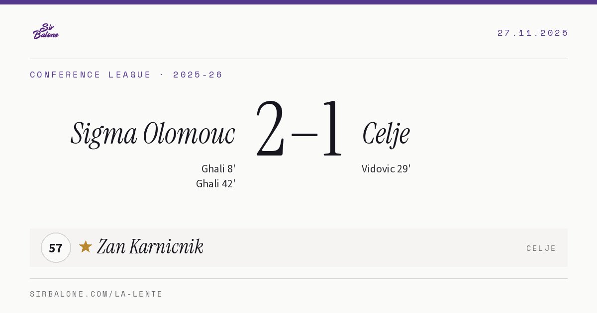 Sigma Olomouc 2–1 Celje, Conference League 2025-26. Figura: Zan Karnicnik, 57