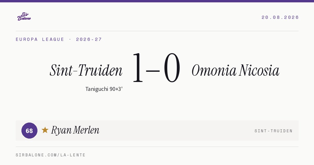 Sint-Truiden 1–0 Omonia Nicosia, Europa League 2026-27. Figura: Ryan Merlen, 68