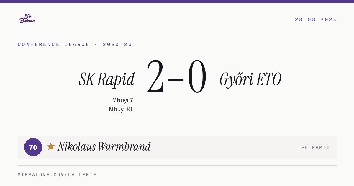 SK Rapid 2–0 Győri ETO, Conference League 2025-26. Figura: Nikolaus Wurmbrand, 70