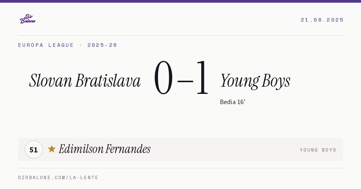 Slovan Bratislava 0–1 Young Boys, Europa League 2025-26. Figura: Edimilson Fernandes, 51