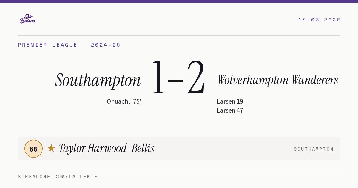 Southampton 1–2 Wolverhampton Wanderers, Premier League 2024-25. Figura: Taylor Harwood-Bellis, 66