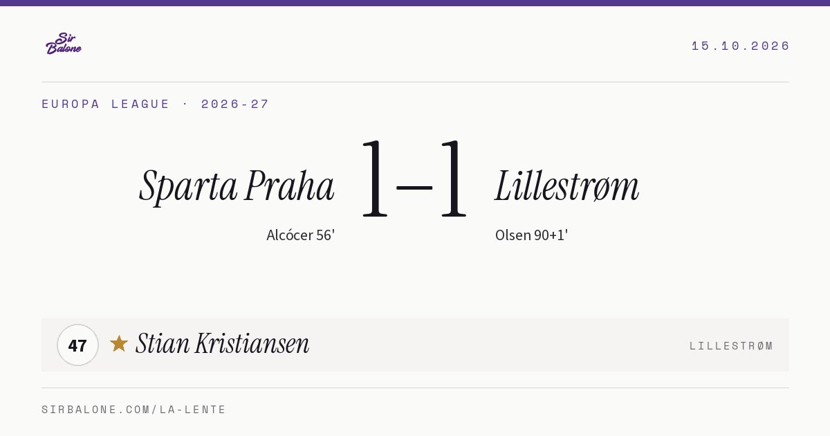 Sparta Praha 1–1 Lillestrøm, Europa League 2026-27. Figura: Stian Kristiansen, 47