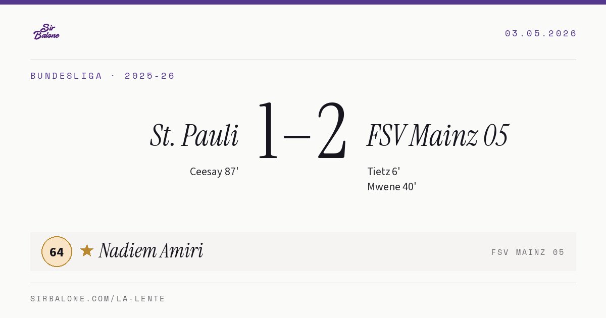 St. Pauli 1–2 FSV Mainz 05, Bundesliga 2025-26. Figura: Nadiem Amiri, 64