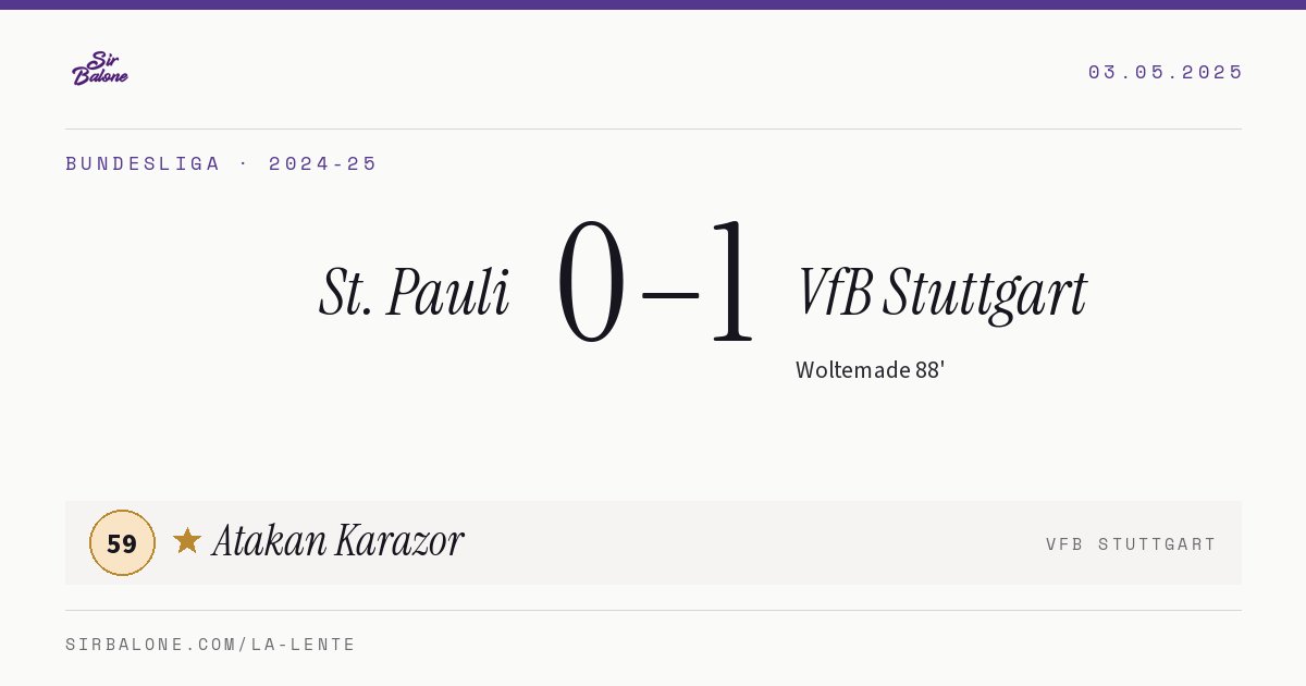 St. Pauli 0–1 VfB Stuttgart, Bundesliga 2024-25. Player of the match: Atakan Karazor, 59