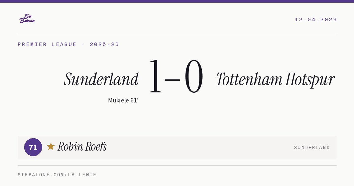 Sunderland 1–0 Tottenham Hotspur, Premier League 2025-26. Figura: Robin Roefs, 71