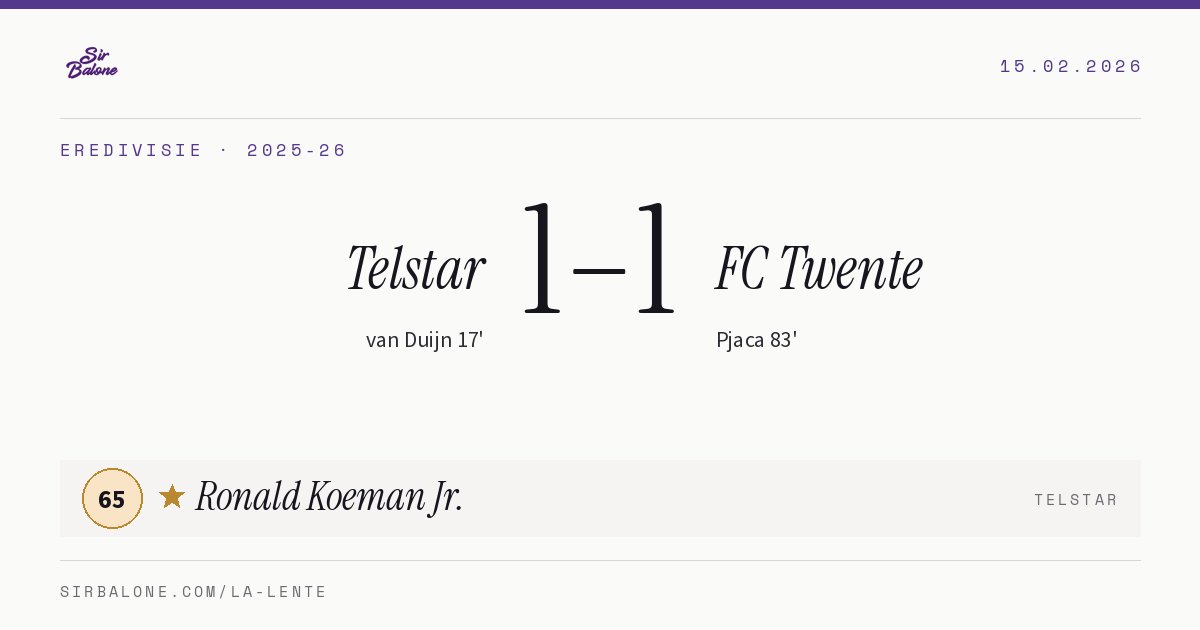 Telstar 1–1 FC Twente, Eredivisie 2025-26. Figura: Ronald Koeman Jr., 65