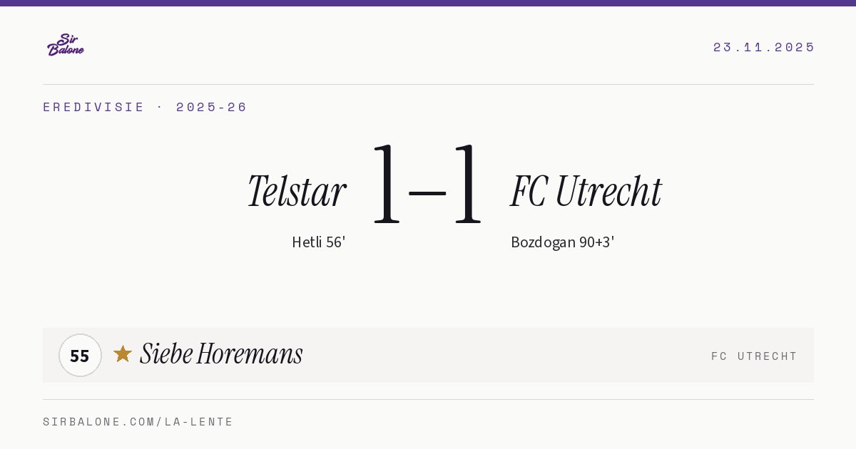 Telstar 1–1 FC Utrecht, Eredivisie 2025-26. Figura: Siebe Horemans, 55