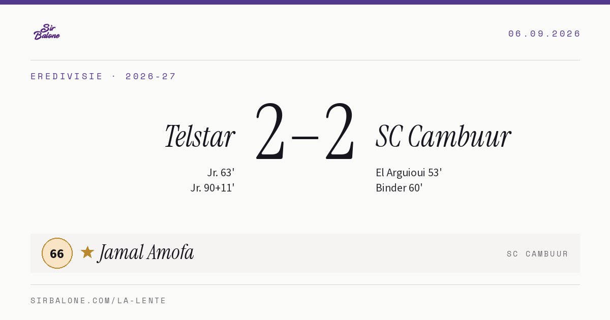 Telstar 2–2 SC Cambuur, Eredivisie 2026-27. Figura: Jamal Amofa, 66