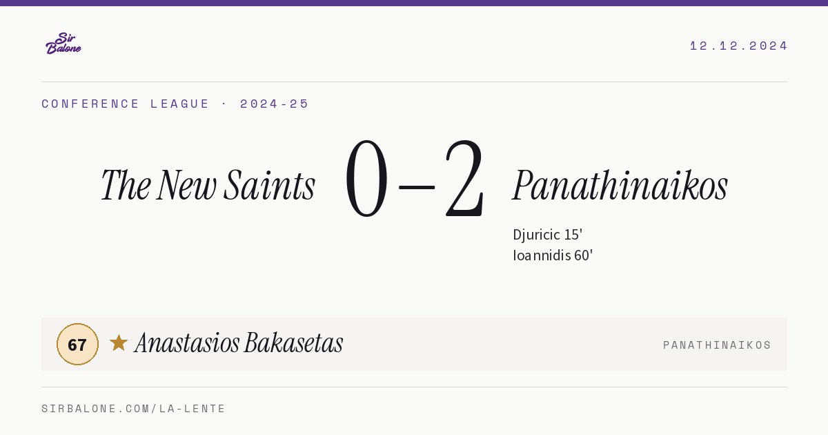 The New Saints 0–2 Panathinaikos, Conference League 2024-25. Figura: Anastasios Bakasetas, 67