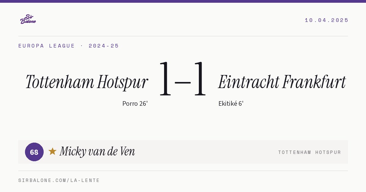 Tottenham Hotspur 1–1 Eintracht Frankfurt, Europa League 2024-25. Figura: Micky van de Ven, 68