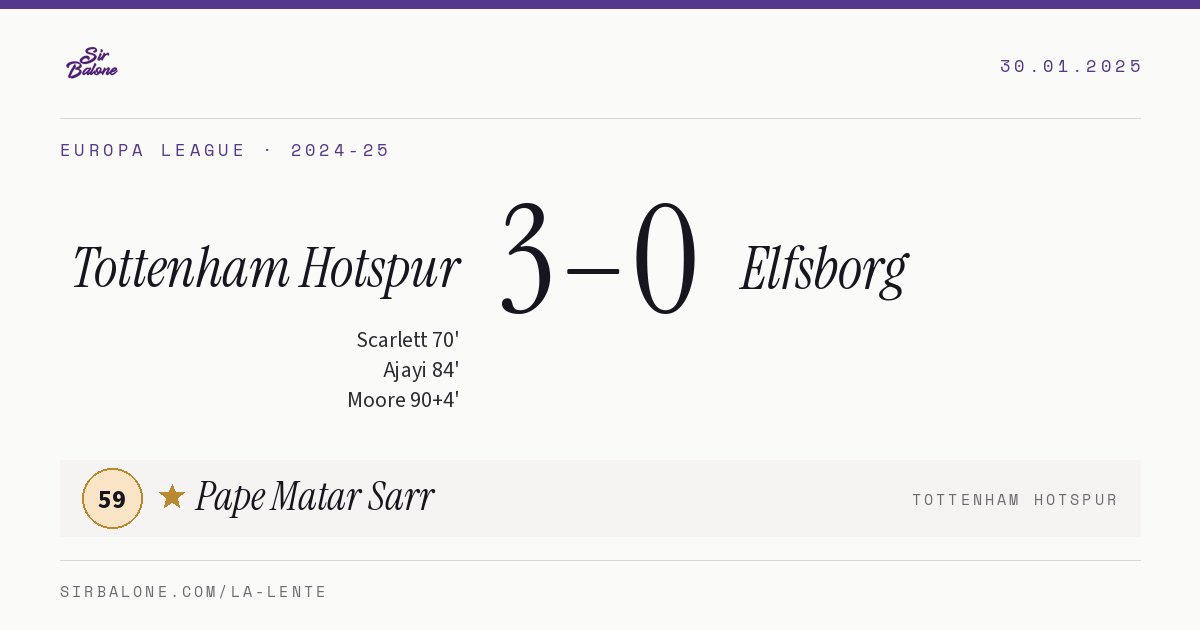 Tottenham Hotspur 3–0 Elfsborg, Europa League 2024-25. Figura: Pape Matar Sarr, 59