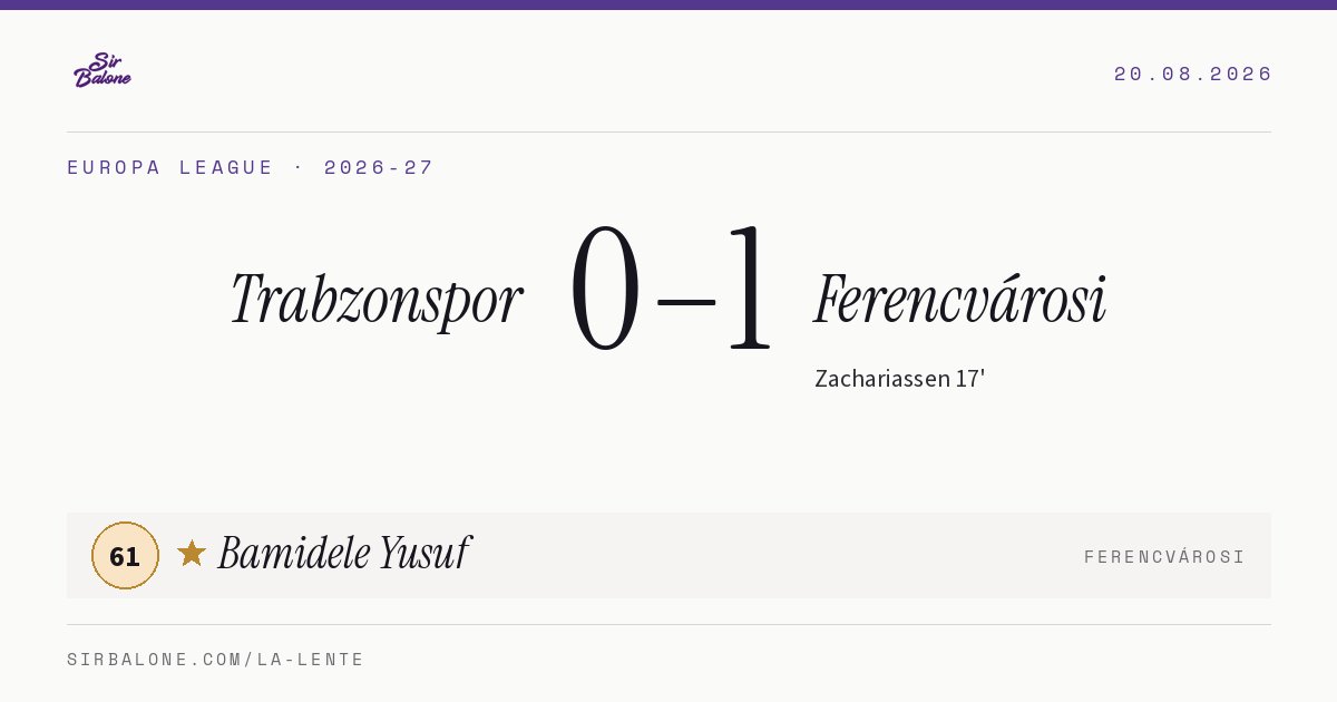 Trabzonspor 0–1 Ferencvárosi, Europa League 2026-27. Figura: Bamidele Yusuf, 61