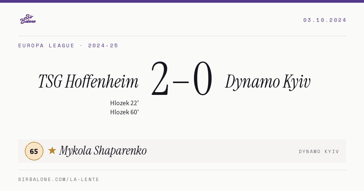 TSG Hoffenheim 2–0 Dynamo Kyiv, Europa League 2024-25. Figura: Mykola Shaparenko, 65
