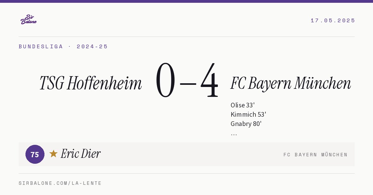 TSG Hoffenheim 0–4 FC Bayern München, Bundesliga 2024-25. Player of the match: Eric Dier, 75