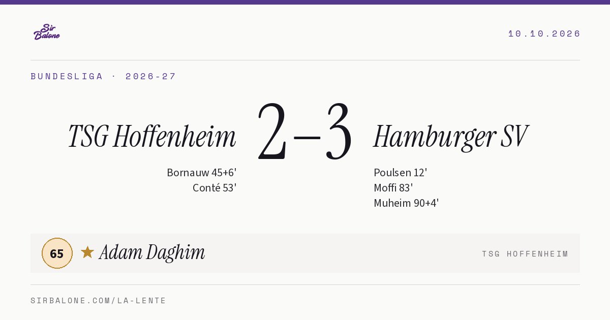 TSG Hoffenheim 2–3 Hamburger SV, Bundesliga 2026-27. Figura: Adam Daghim, 65