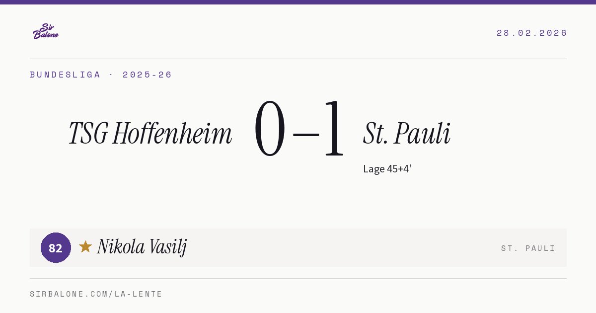 TSG Hoffenheim 0–1 St. Pauli, Bundesliga 2025-26. Figura: Nikola Vasilj, 82