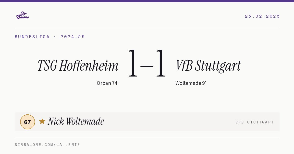 TSG Hoffenheim 1–1 VfB Stuttgart, Bundesliga 2024-25. Player of the match: Nick Woltemade, 67