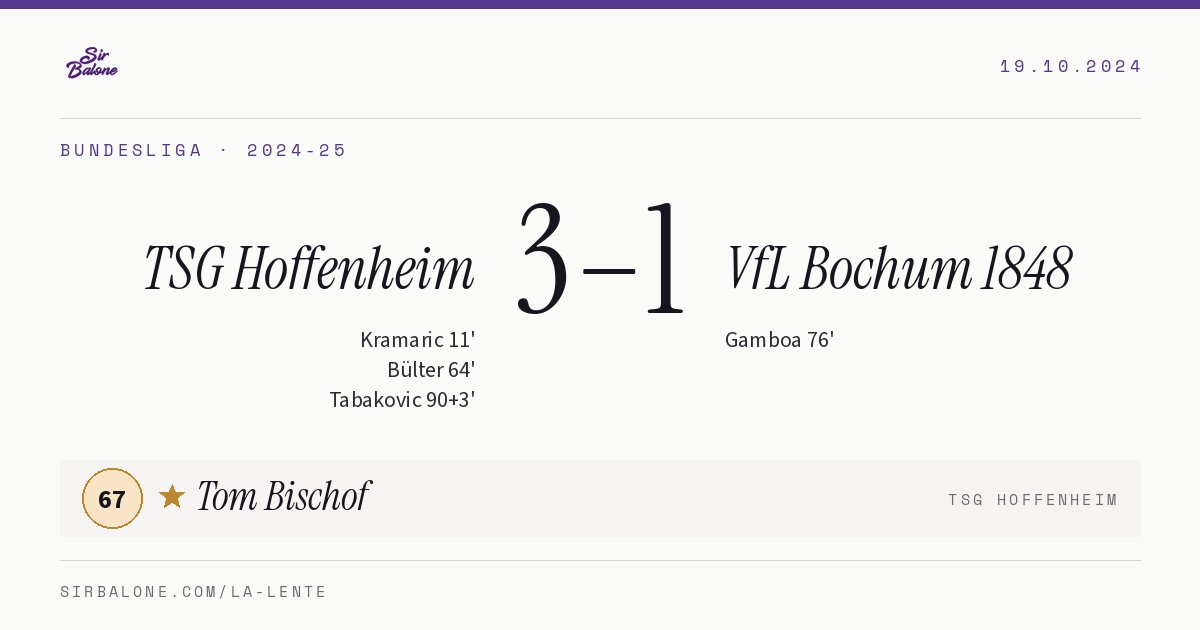 TSG Hoffenheim 3–1 VfL Bochum 1848, Bundesliga 2024-25. Figura: Tom Bischof, 67
