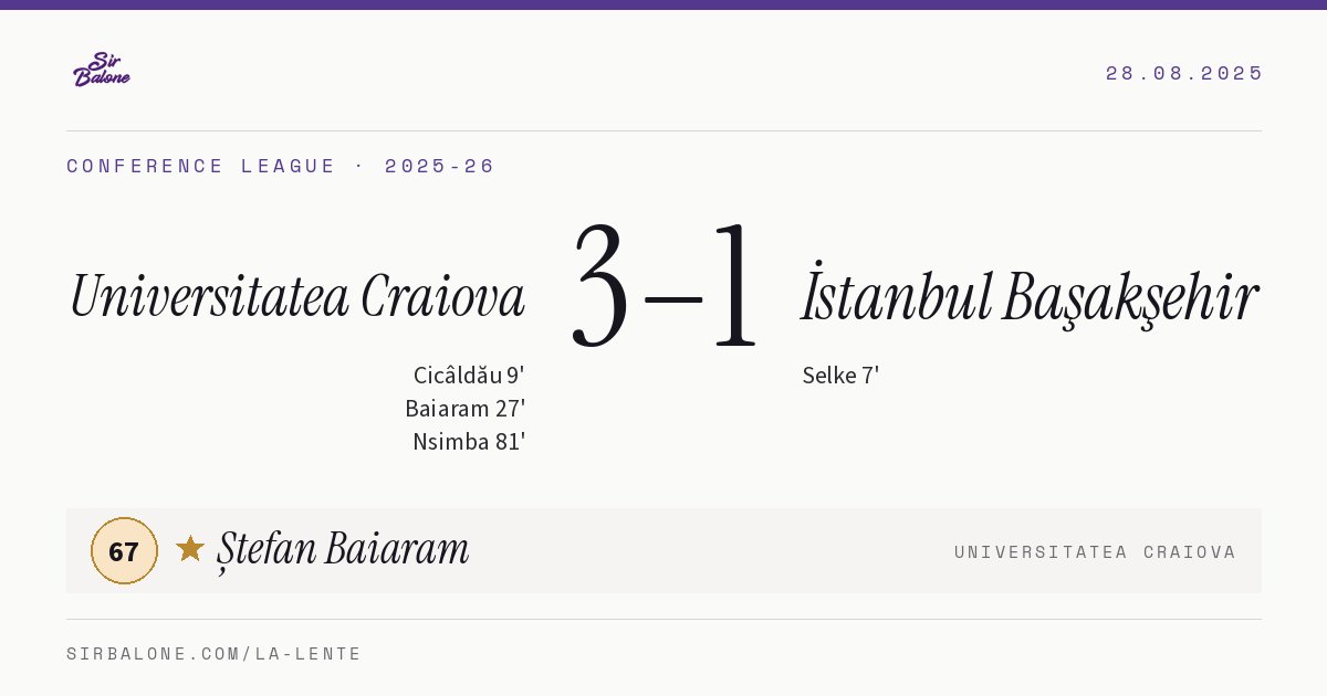 Universitatea Craiova 3–1 İstanbul Başakşehir, Conference League 2025-26. Figura: Ștefan Baiaram, 67