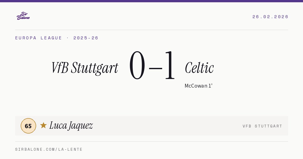 VfB Stuttgart 0–1 Celtic, Europa League 2025-26. Figura: Luca Jaquez, 65