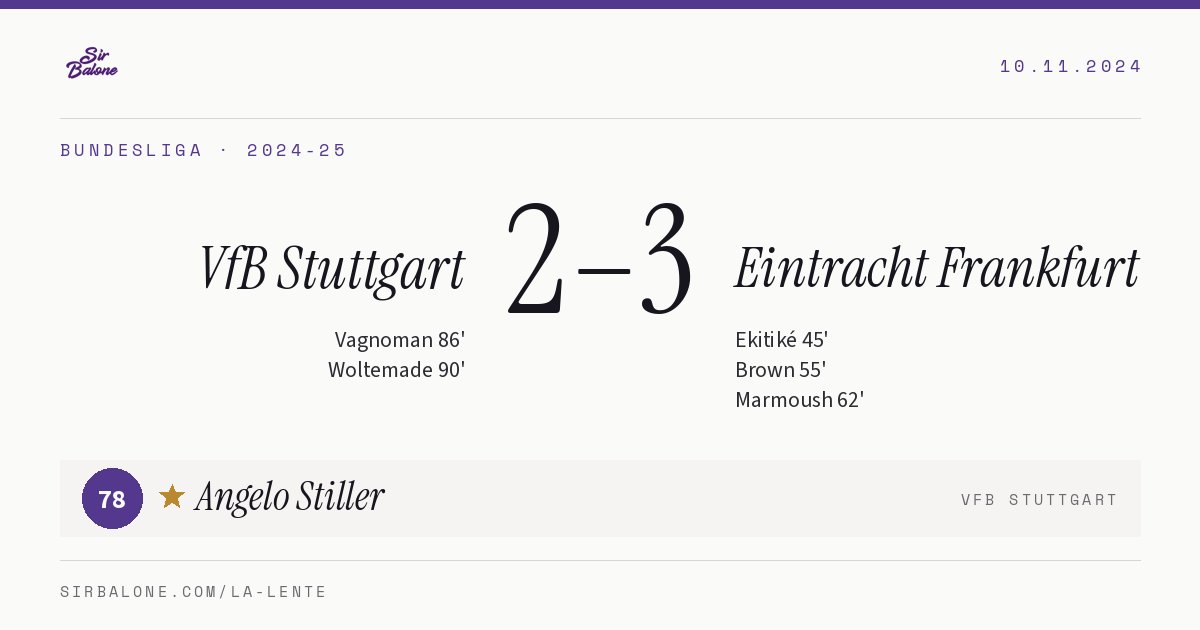 VfB Stuttgart 2–3 Eintracht Frankfurt, Bundesliga 2024-25. Figura: Angelo Stiller, 78