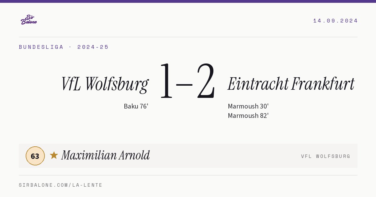VfL Wolfsburg 1–2 Eintracht Frankfurt, Bundesliga 2024-25. Figura: Maximilian Arnold, 63
