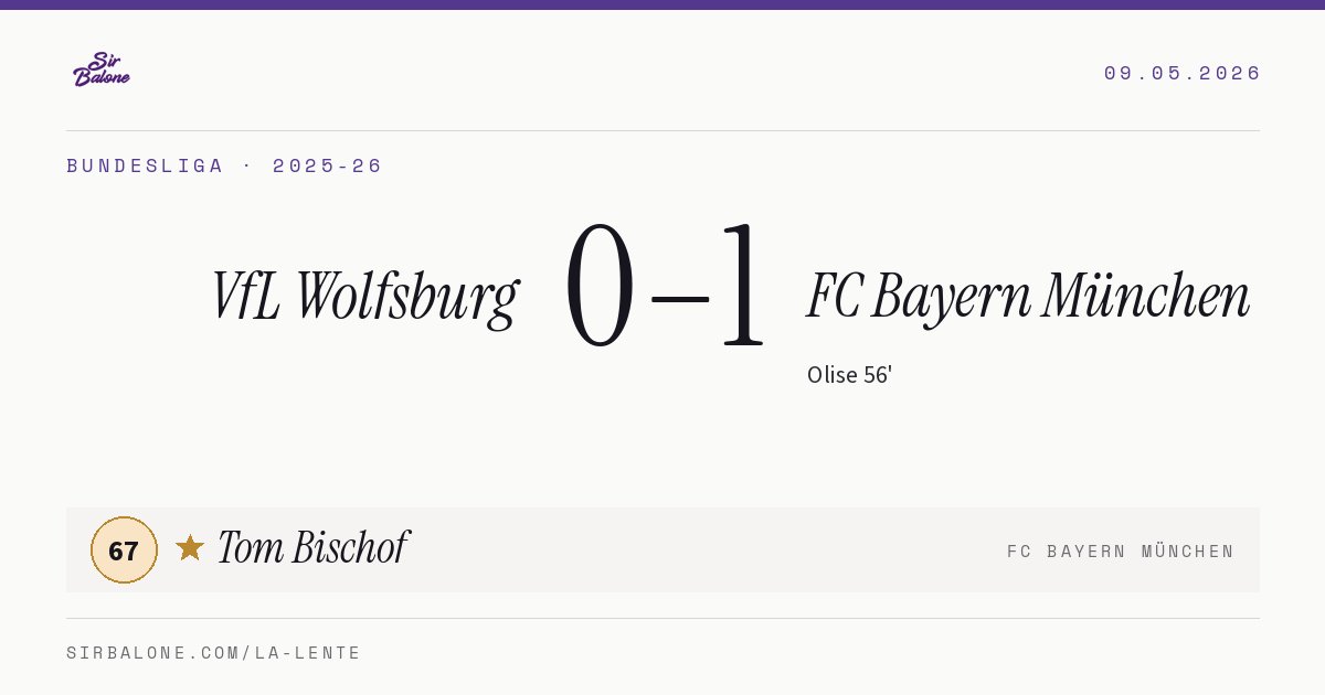 VfL Wolfsburg 0–1 FC Bayern München, Bundesliga 2025-26. Figura: Tom Bischof, 67