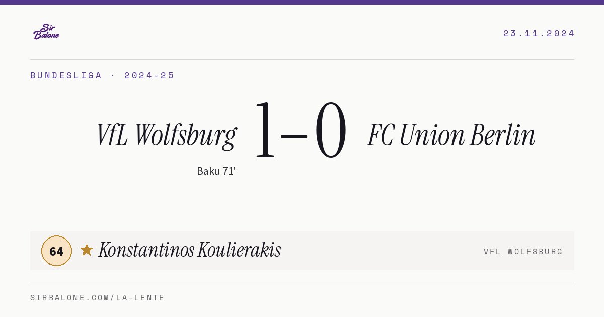 VfL Wolfsburg 1–0 FC Union Berlin, Bundesliga 2024-25. Figura: Konstantinos Koulierakis, 64