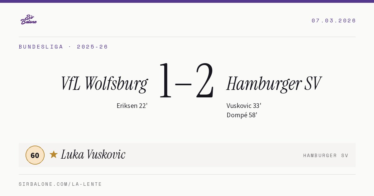 VfL Wolfsburg 1–2 Hamburger SV, Bundesliga 2025-26. Figura: Luka Vuskovic, 60