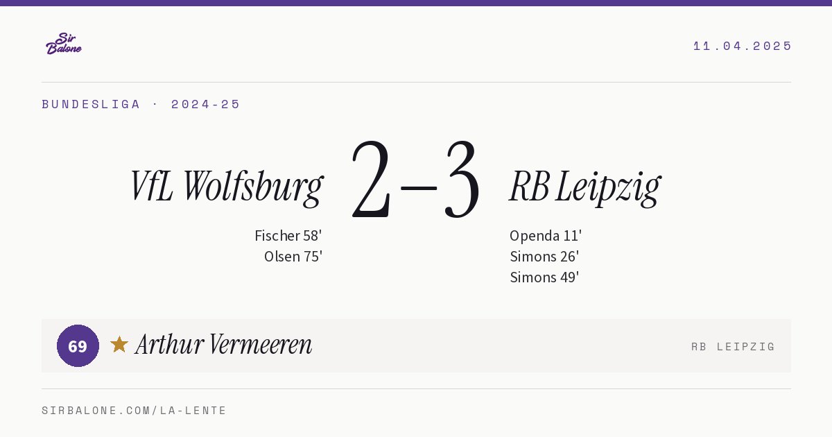 VfL Wolfsburg 2–3 RB Leipzig, Bundesliga 2024-25. Figura: Arthur Vermeeren, 69