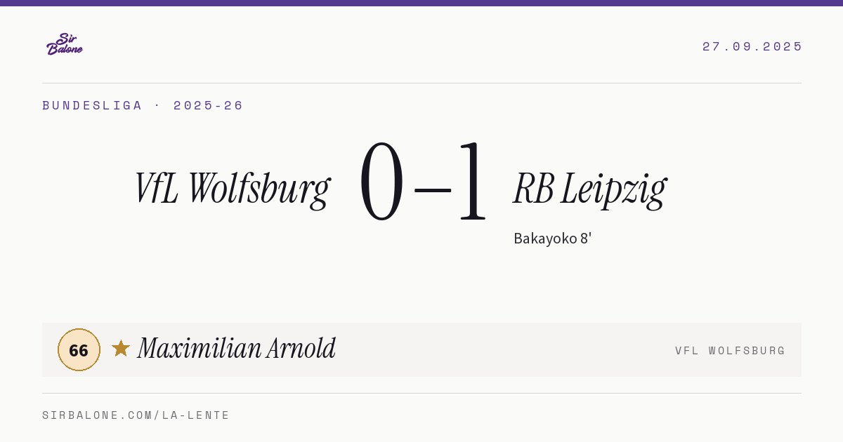 VfL Wolfsburg 0–1 RB Leipzig, Bundesliga 2025-26. Figura: Maximilian Arnold, 66